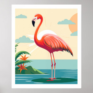 Poster Flamant rose rose vintage sur la plage