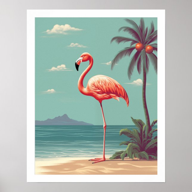 Poster Flamant rose rose vintage sur la plage (Devant)