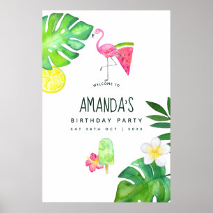 Poster Flamant Rose Tropical Aquarelle Anniversaire d'Été