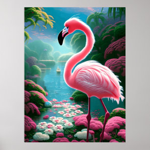 Poster Flamant rose tropical aux fleurs