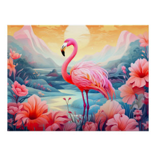 Poster Flamant rose tropical aux fleurs