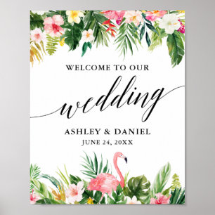 Poster Flamant rose tropical Mariage de calligraphie Bien