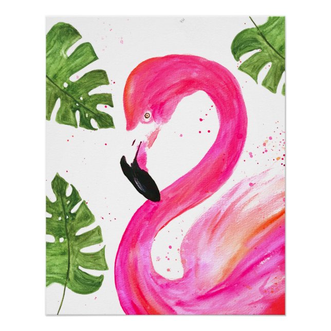 Poster Flamant rose tropical Palmier rose Feuille Oiseau  (Devant)