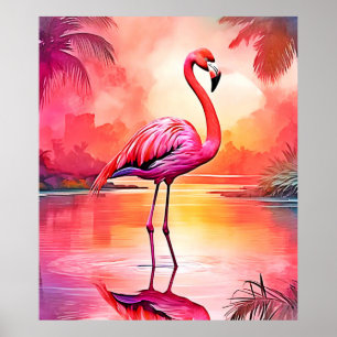 Poster Flamant rose tropicale dynamique