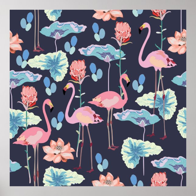 Poster Flamants roses entourés de fleurs de lotus et pro (Devant)
