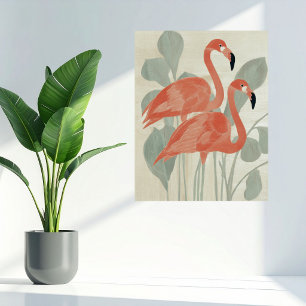 Poster Flamants roses plantes vertes aquarelle stylé amus