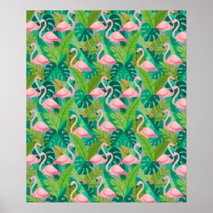Poster Flamants roses tropicaux Feuillage de la jungle