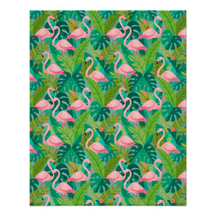 Poster Flamants roses tropicaux Feuillage de la jungle