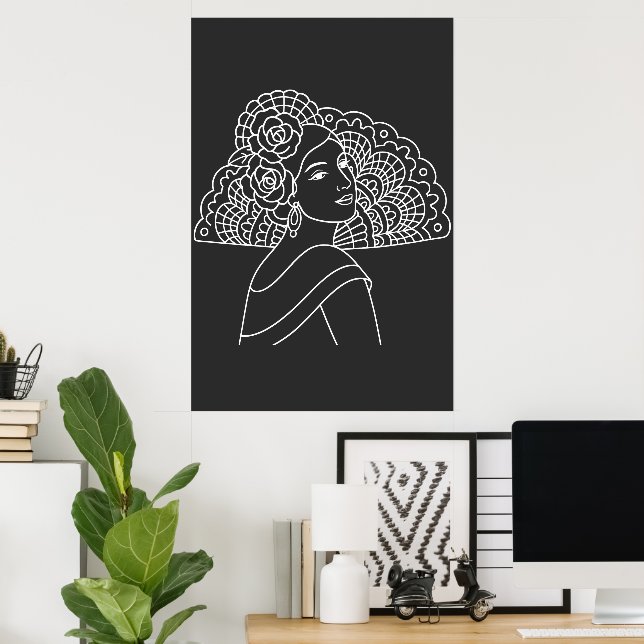 Poster Flamenco Spanish Lady With Fan Ink art Drawing (Bureau à domicile)