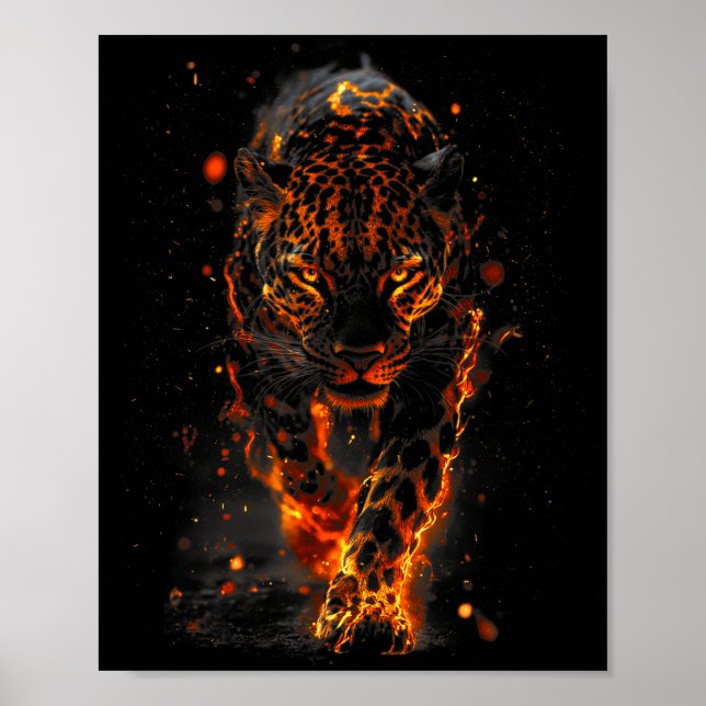 Poster Flaming Jaguar Fierce Leopard Wild Fire Animal Sri (Devant)