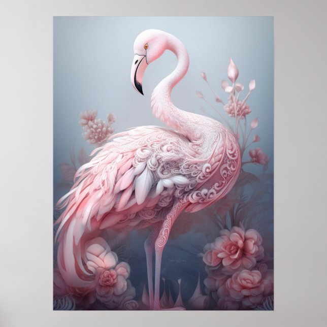 Poster Flamingo rose abstrait surréaliste sur fond gris (Devant)