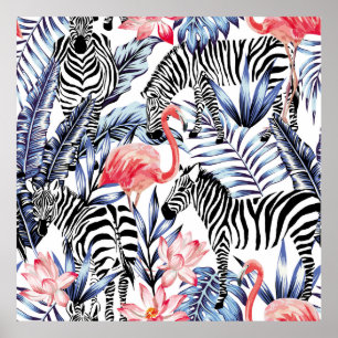 Poster Flamingo rose exotique, zèbre sur l'été arrière -