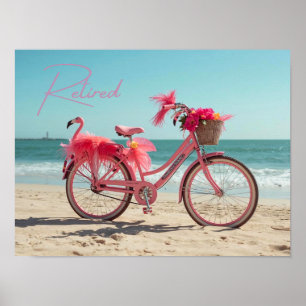 Poster Flamingo rose kawaii vélo à la retraite sur la pla