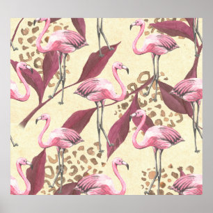 Poster Flamingo rose tropical, motif léopard.