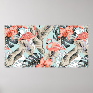 Poster Flamingo rose tropicale avec fleurs d'orchidées et