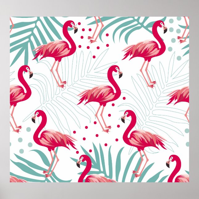 Poster Flamingo tropical et feuille, motif d'été. (Devant)