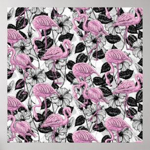 Poster Flamingos and hibiscus flowers