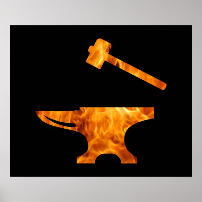 Poster Flamme Anvil et marteau forgeron Métalworking (Devant)