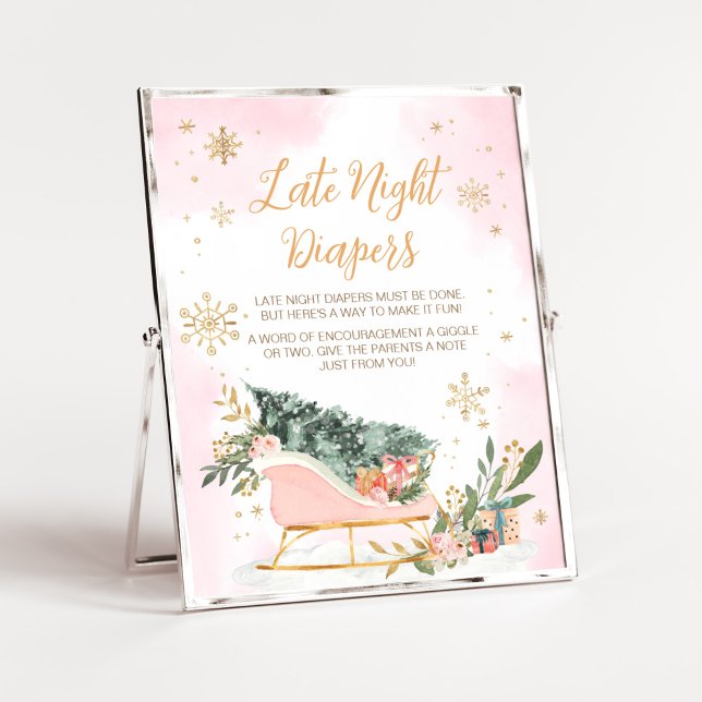 Poster Fléau de neige rose d'hiver Late Night Diapos (Pink Sleigh Baby Shower Late Night Diapers Sign)