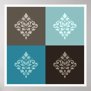Poster Flèche Damask Pattern Carrés Teals Browns White