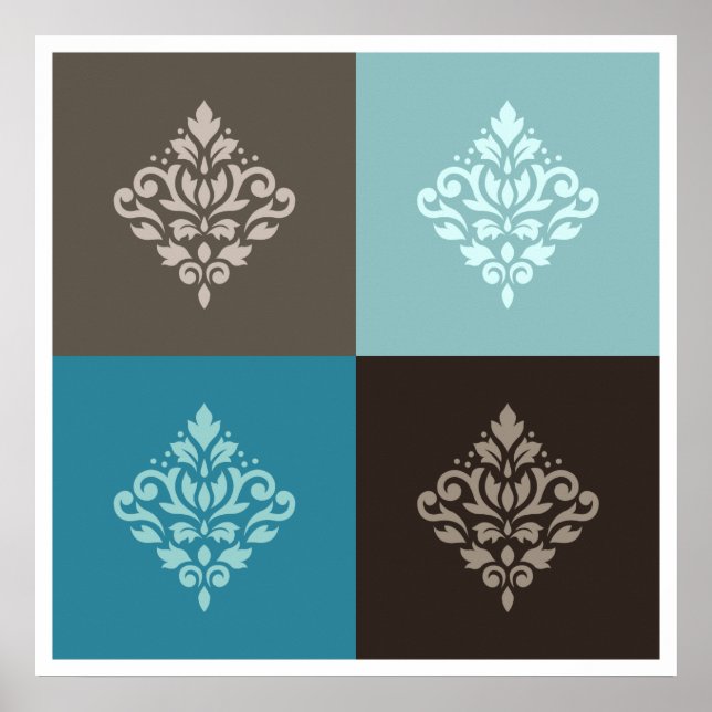 Poster Flèche Damask Pattern Carrés Teals Browns White (Devant)