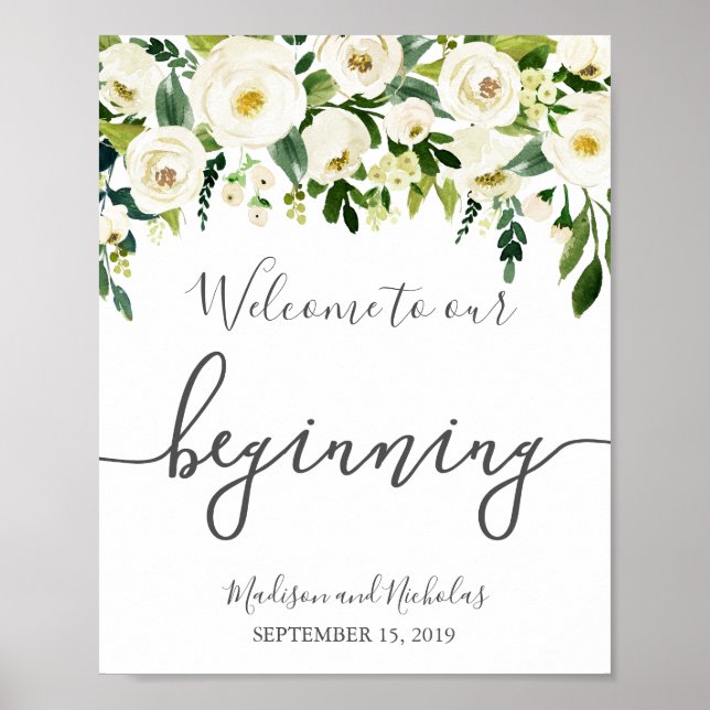 Poster Fleur blanche et verte Bienvenue à notre panneau d (Devant)