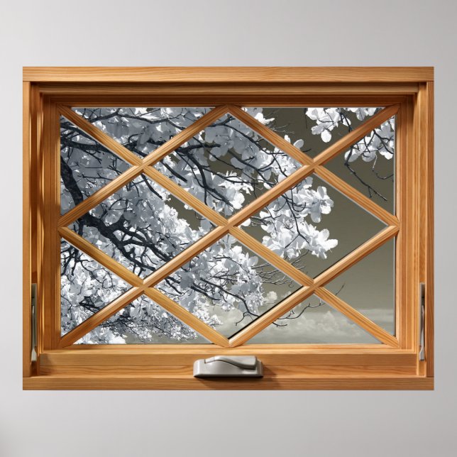 Poster Fleur blanche (Fleur cerise) Faux, Faux, Fenêtre (Devant)