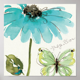Poster Fleur bleue et papillon