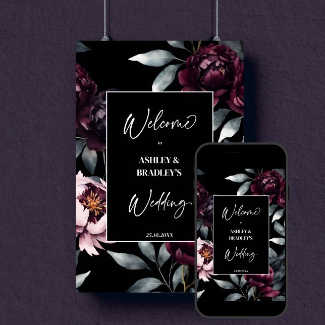 Poster Fleur bordeaux foncé moody signe de bienvenue (Dark moody burgundy peony flowers editable template welcome sign digital download black noir wedding)