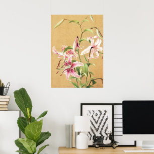 Poster Fleur Botanique d'Art de Lys Oriental Rose Vintage