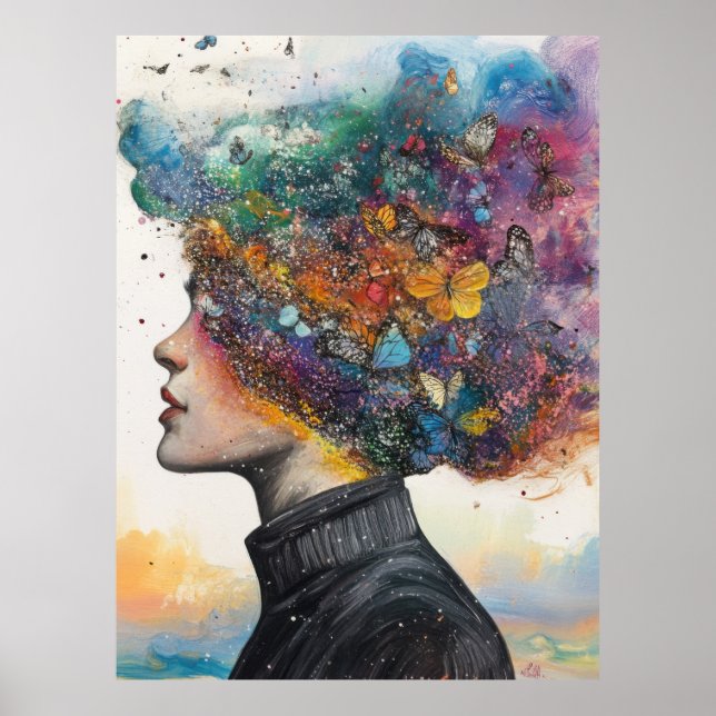 Poster Fleur cosmique - Femme à chapeau de papillon lunai (Devant)
