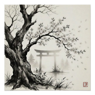 Poster Fleur de cerisier et torii — Encre sumi-e japonais