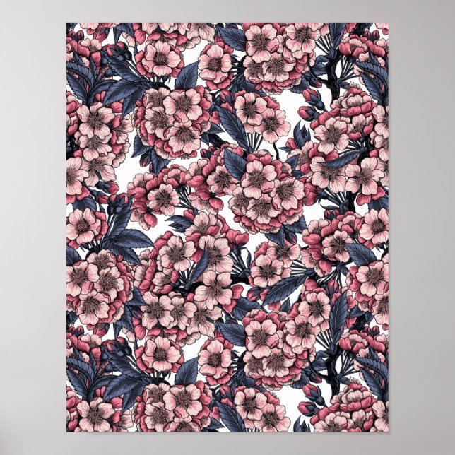Poster Fleur de cerisier rose et bleu (Devant)