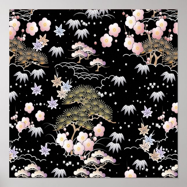 Poster Fleur de cerisier rose noir Élégant motif floral (Devant)