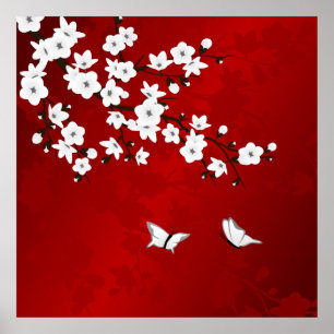 Poster Fleur de cerisier rouge noir et blanc