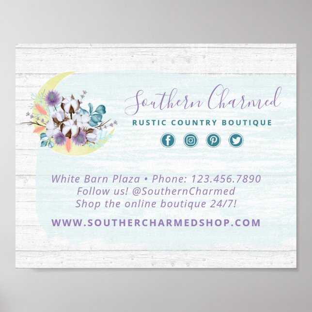 Poster Fleur de coton du Sud et bois rustique de campagne (Devant)