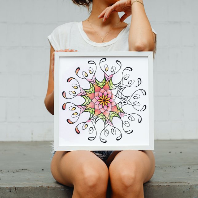 Poster Fleur de géométrie sacrée Mandala Coloration adult (Colorful geometric Floral Mandala coloring poster in a white frame.)