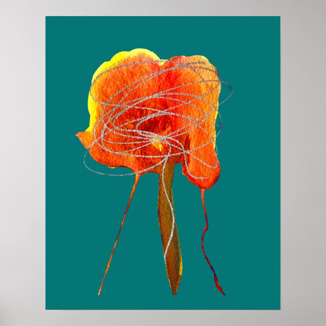 Poster Fleur de gribouillis abstraite aquarelle rouge flo (Devant)