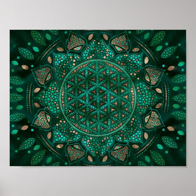 Poster Fleur de la vie Point Art malachite or (Devant)