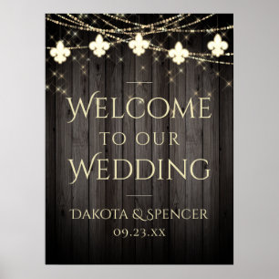 Poster Fleur de Lis en Bois Rustique   Bienvenue Mariage