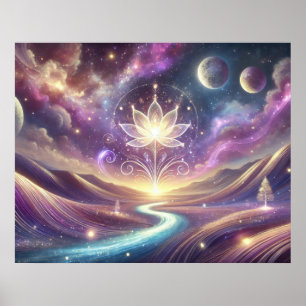 Poster Fleur de lotus avec ciel cosmique et rivière coula