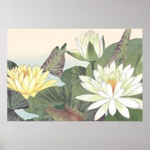 Poster Fleur de lotus blanc du bloc de bois japonais Vint