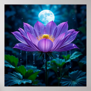 Poster Fleur de lotus pourpre sous la lumière de la lune