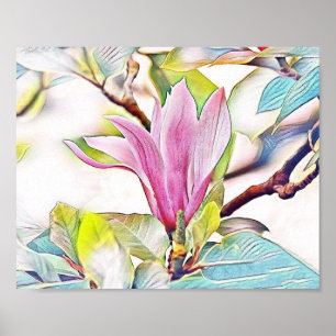 Poster Fleur de magnolia rose aquarelle fond bleu