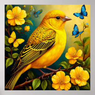 Poster Fleur de Oiseau Jaune Art pour Maison Lumineuse et