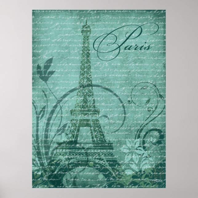 Poster Fleur de Paris Tour Eiffel 30 x 40 pouces turquois (Devant)