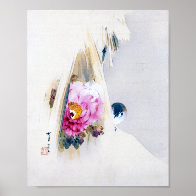 Poster Fleur de pivoine et Bruant dans la neige, Watanabe (Devant)