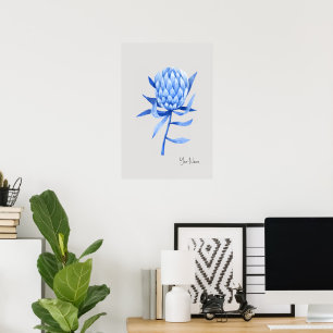 Poster Fleur de Protéa Tropicale Bleu de Cobalt Aquarelle