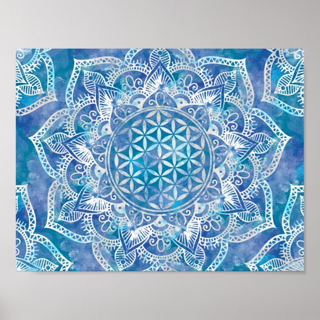 Poster Fleur de vie à Lotus - Aquarelle Bleu (Devant)