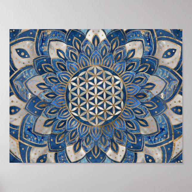Poster Fleur de vie à Lotus - Marbre bleu et Pearl (Devant)